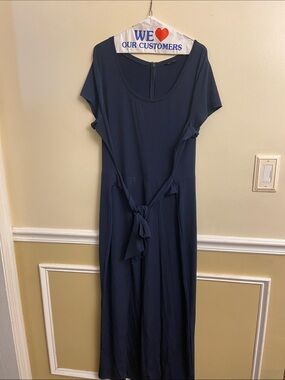 H by Halton navy blue jumpsuit, zip up back and belt. 90% polyester 10% spandex